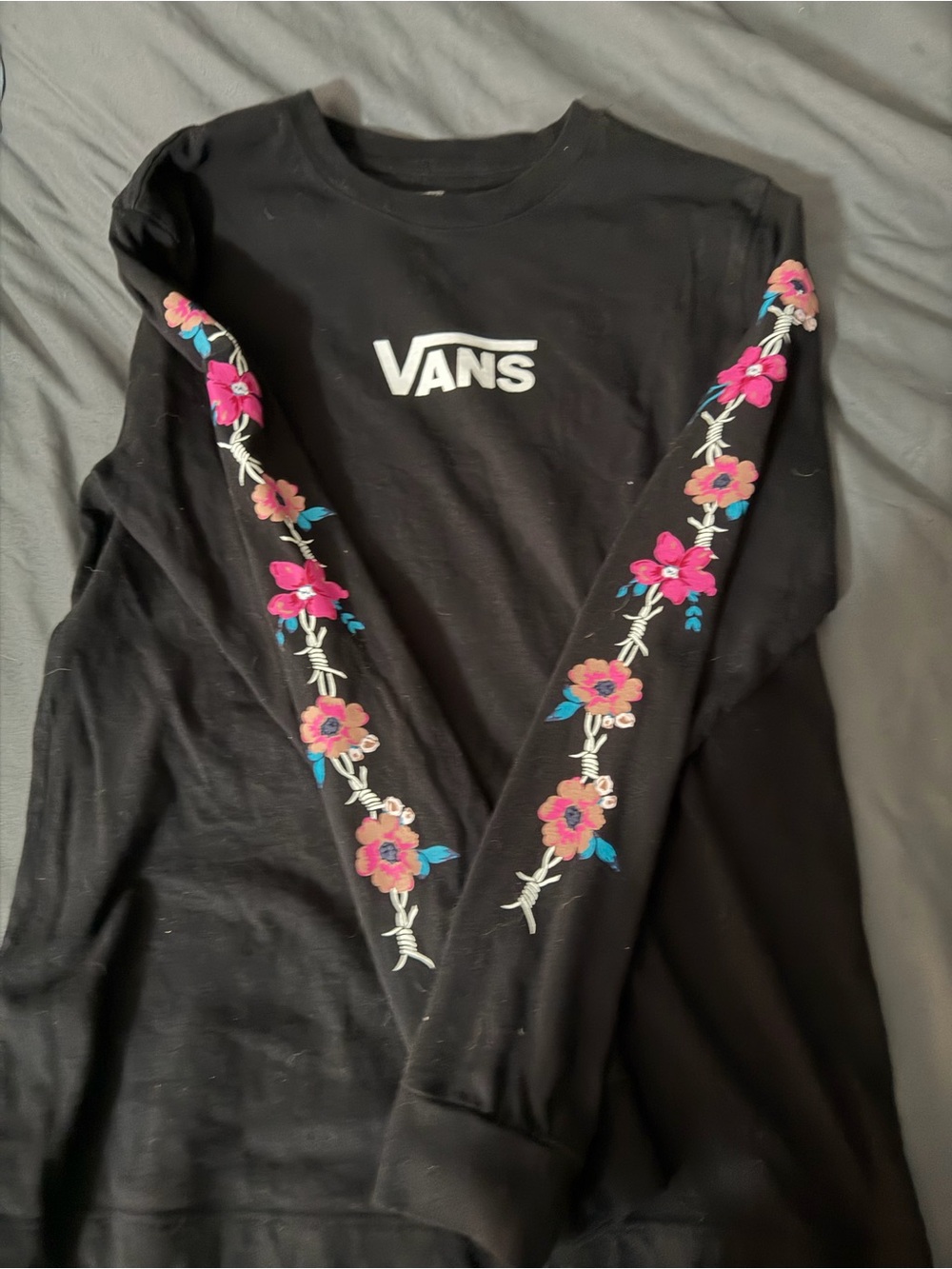 Vans Black Long Sleeve Tee with Pink Floral Sleeves